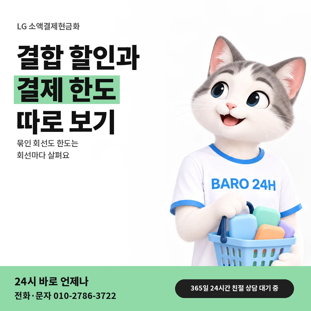 BARO 24H 티셔츠를 입은 3D 동물 캐릭터 옆에 「LG 결합 할인과 결제 한도」 제목을 얹은 안내 카드