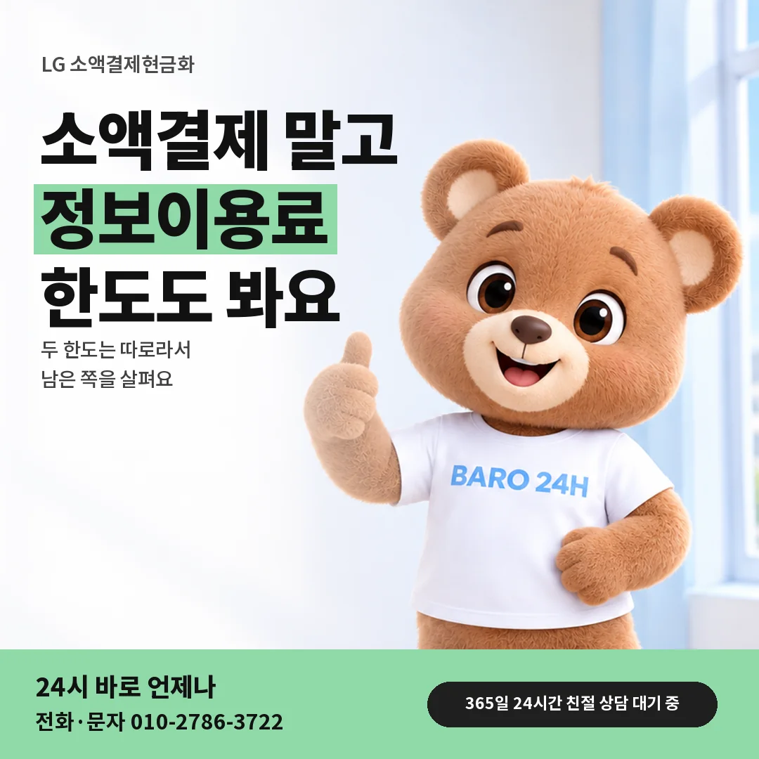 휴대폰을 보며 웃는 BARO 24H 티셔츠를 입은 3D 곰 캐릭터 옆에 「LG 정보이용료 한도 따로 보기」 제목을 얹은 안내 카드